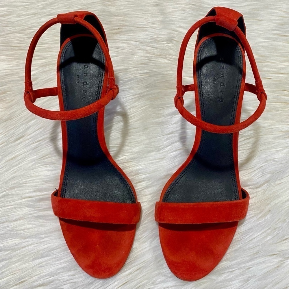 Sandro‎ Amel Suede Mid-Heel Strappy Sandal in Red 39 - Picture 3 of 10